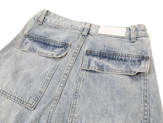 Vintage Washed Side-Button Straight-Leg Loose Denim Pants