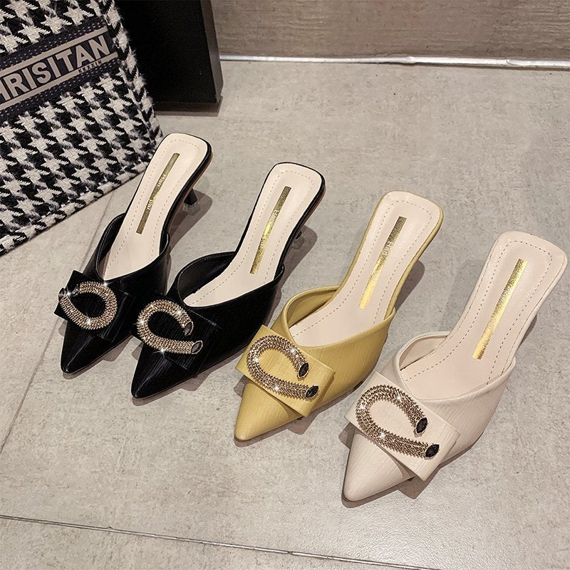 High Heel Pointed Lady Stiletto Sandals with Rhinestones