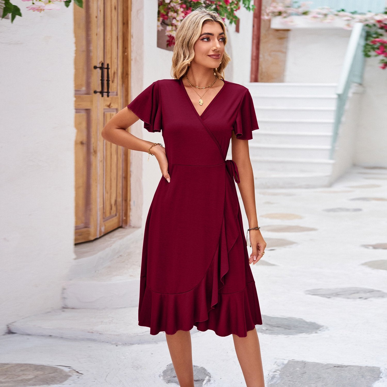 Cross V-Neck Lace-Up Dress
