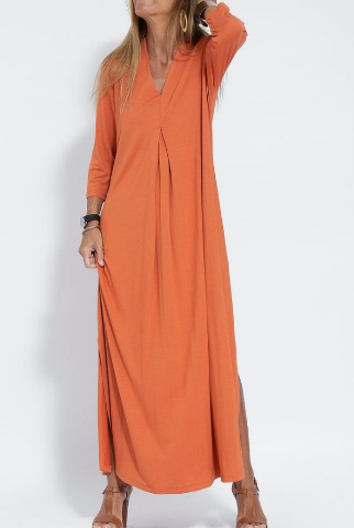 Solid Color V-Neck Seven-Point Sleeve Knitted Long Split Dress