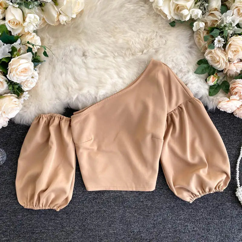 Oblique Collar Off-Shoulder Puff Sleeve Crop Top