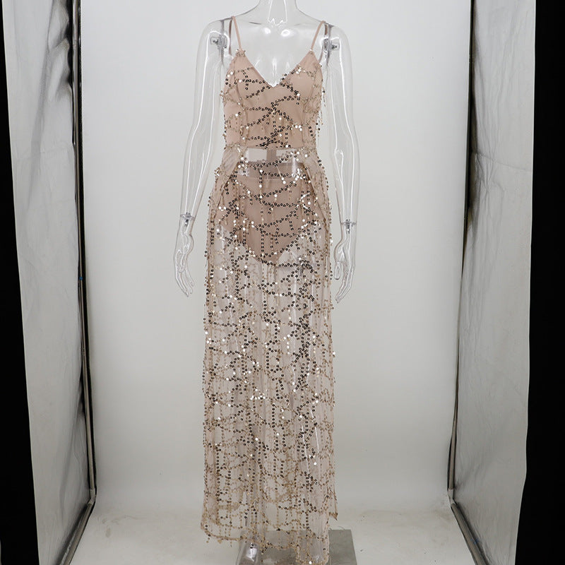 Sequin Strap Deep V-Neck Maxi Dress