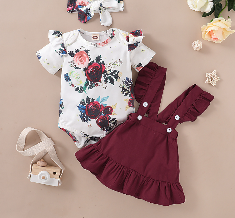 Red Floral Print Suspender Dress