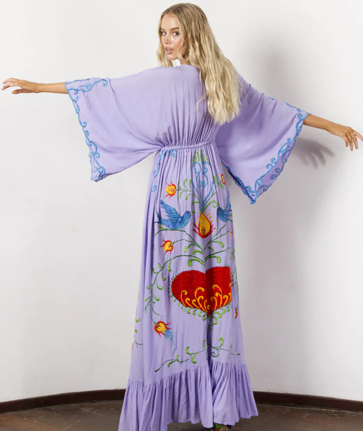 Bohemian Floral Embroidered Tassel Maxi Dress