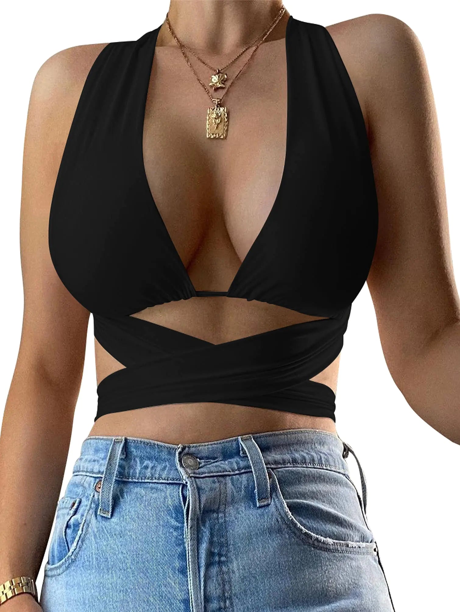 Sexy Lace Up Strappy Halter Neck Crop Tank Top