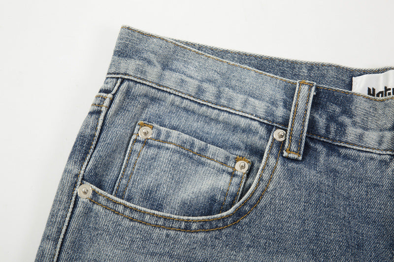 High Street Washed Ink Splattered Ripped Pentagram Zip-Up Jeans