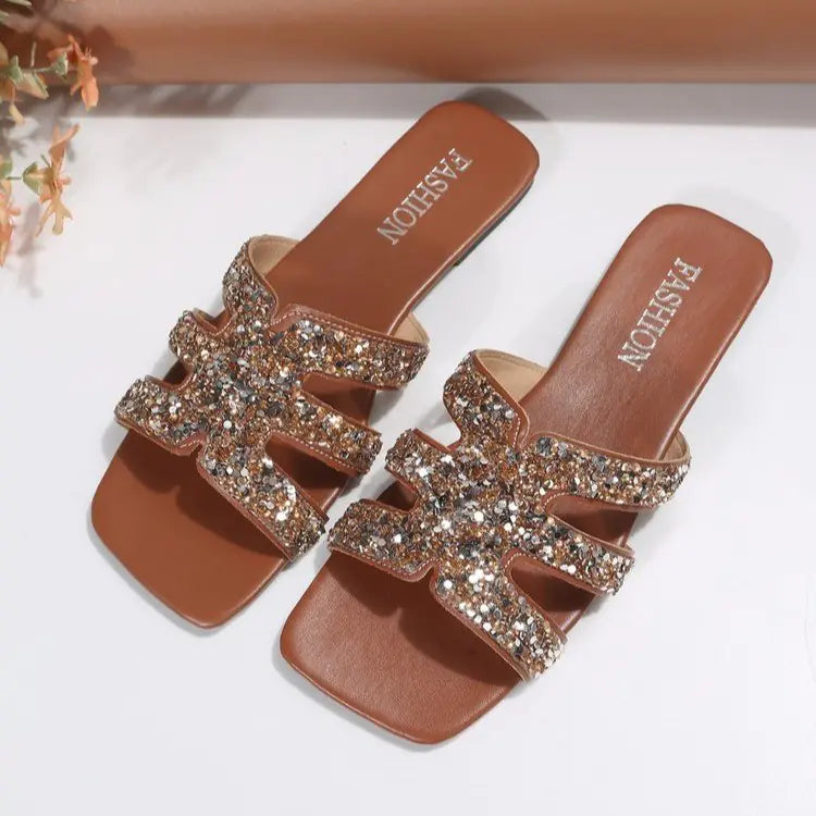 Rhinestone Low-Heeled Sandals