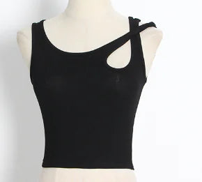 Asymmetrical Ribbed Tank Top with Hollow-Out Design