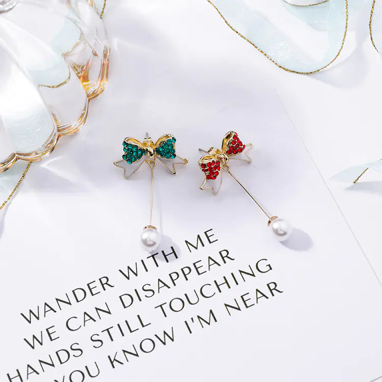 925 Silver Christmas Bow Pearl Earrings