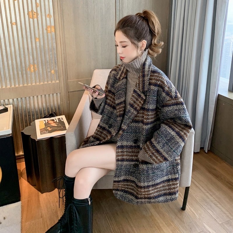 Loose Plaid Tweed Mid-Length Coat