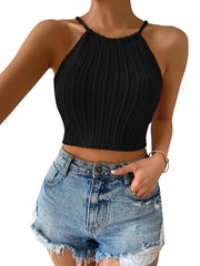 Sleek Black Ribbed Halter Crop Top