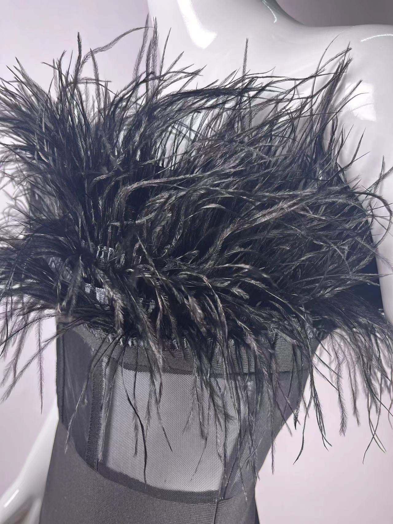 European and American Fashion Sexy Tube Top Ostrich Feather Mesh Lace Bandage One-Piece Dress