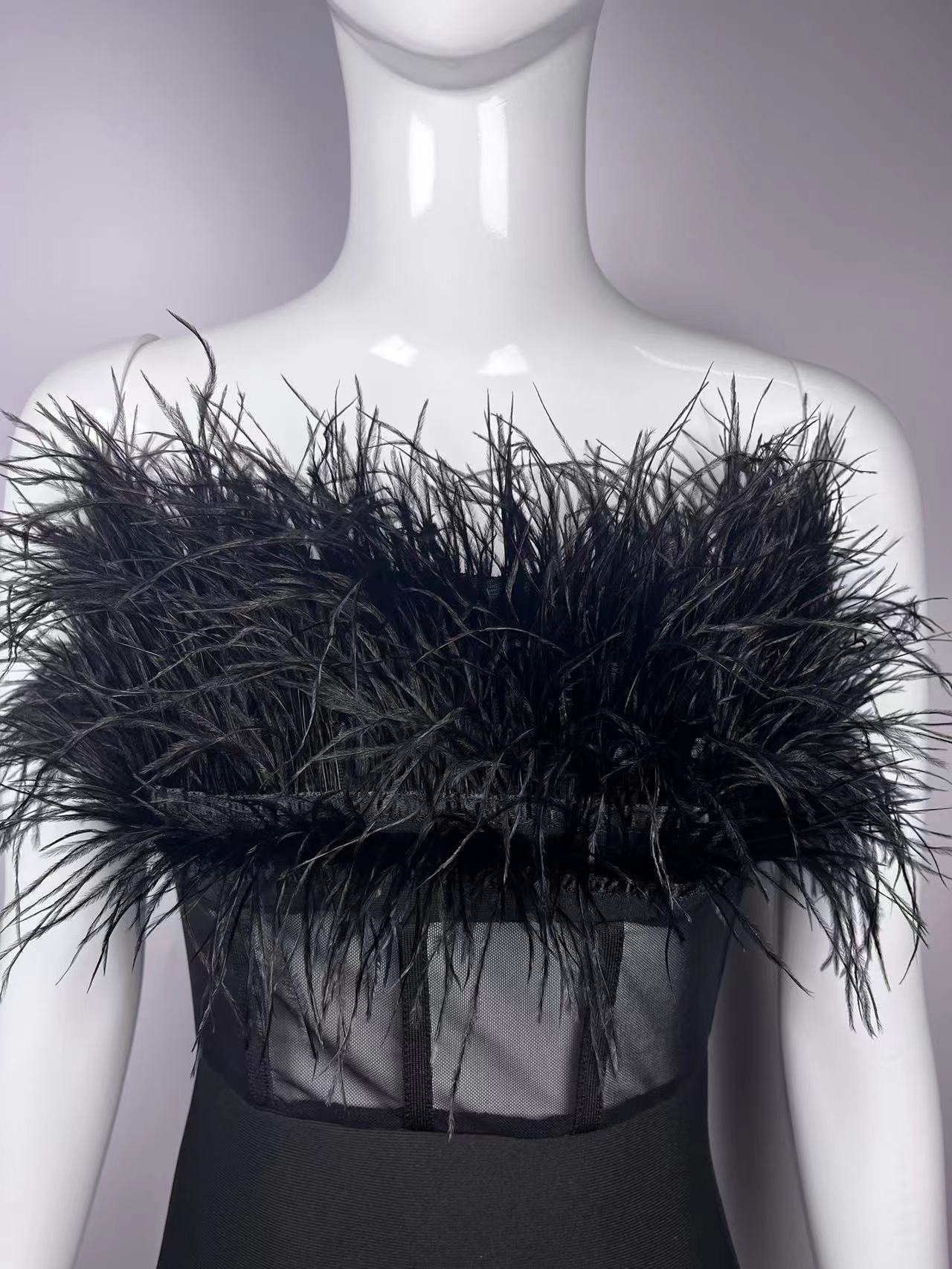 European and American Fashion Sexy Tube Top Ostrich Feather Mesh Lace Bandage One-Piece Dress