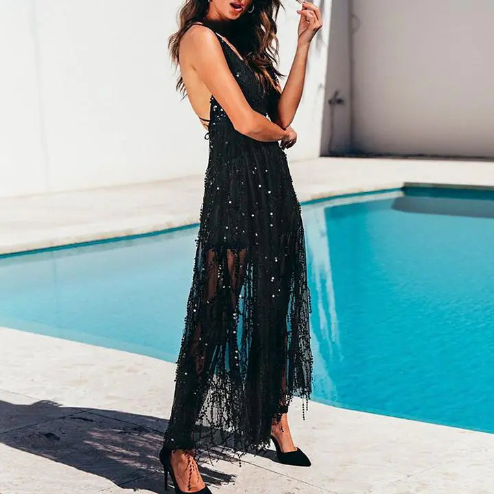 Sequin Strap Deep V-Neck Maxi Dress