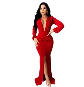 Solid Color Large V-Neck Slim Fitting Evening Dress