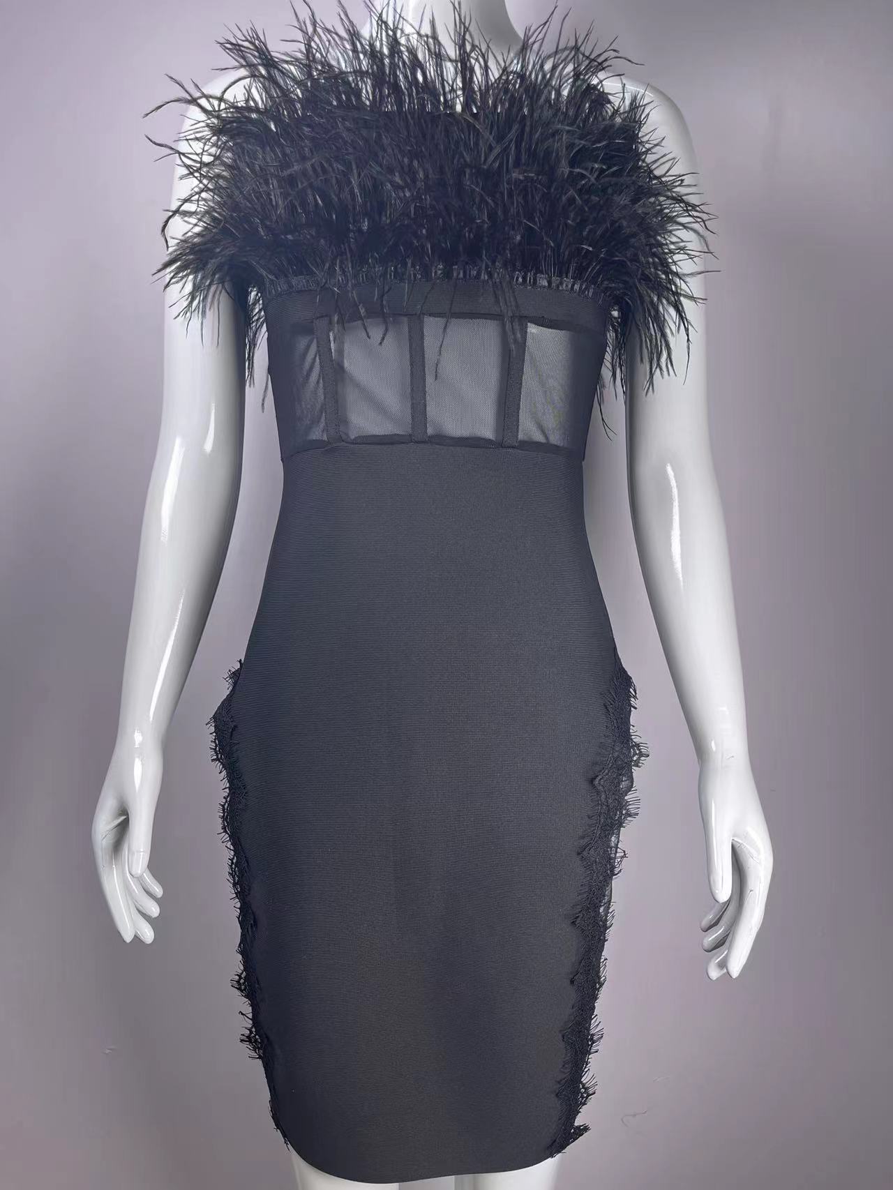 European and American Fashion Sexy Tube Top Ostrich Feather Mesh Lace Bandage One-Piece Dress
