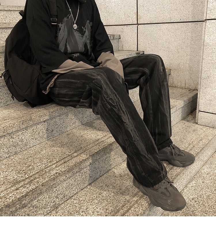 Loose Straight-Leg Tie-Dye Denim Pants