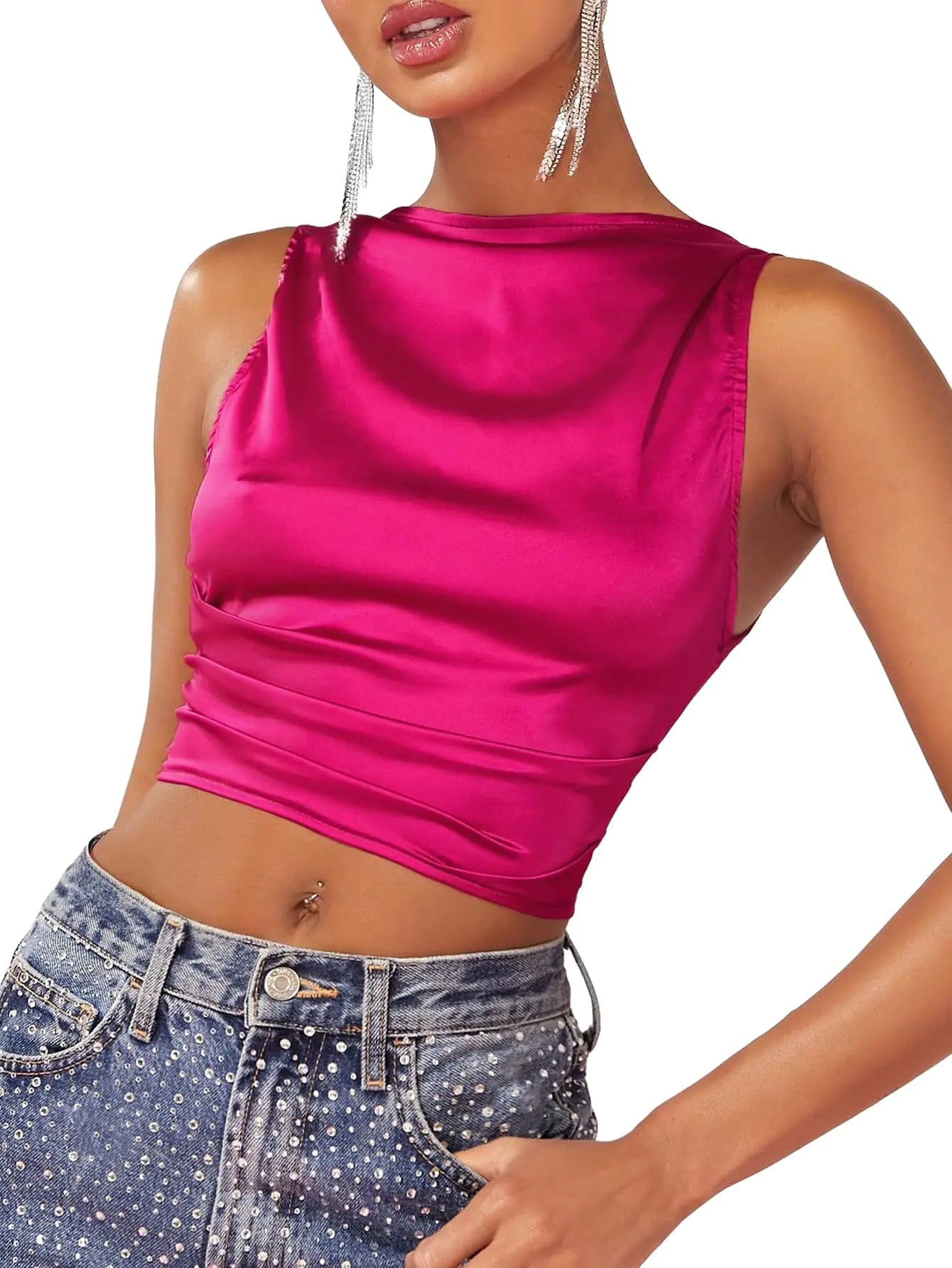 Satin Backless Rushed Slim Fit Crop Party Top