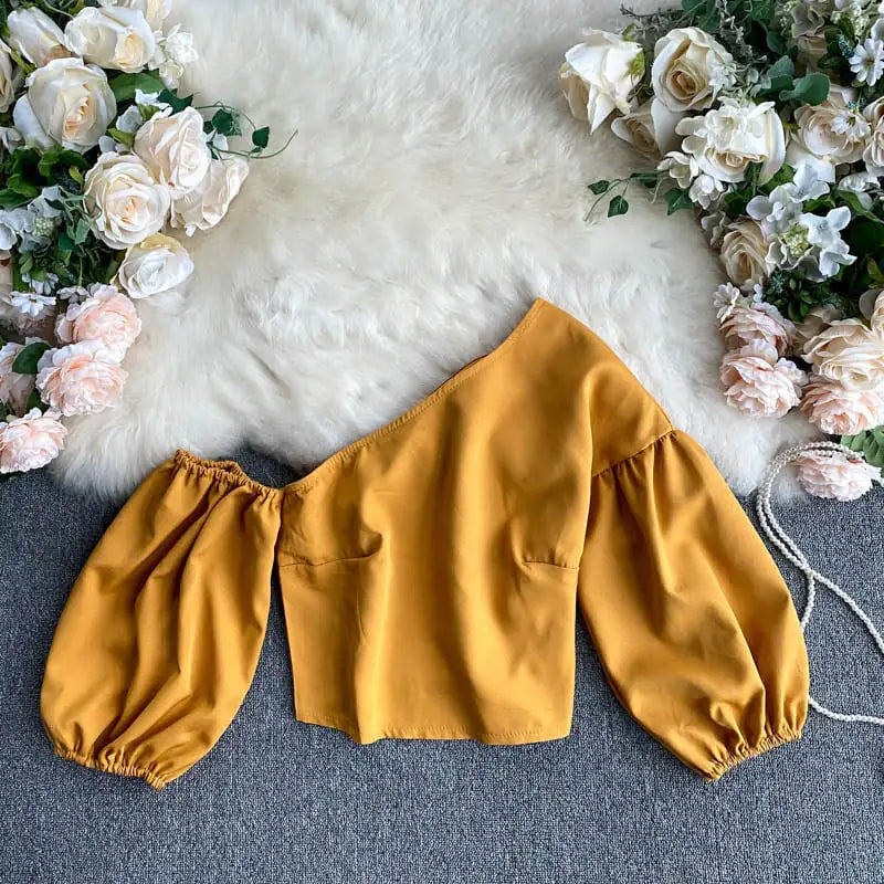 Oblique Collar Off-Shoulder Puff Sleeve Crop Top