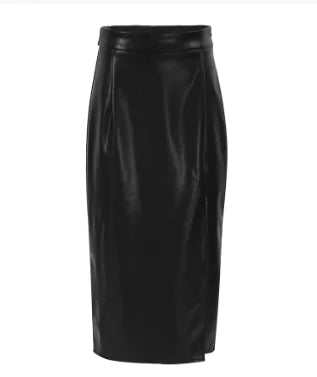 Slit Leather Sexy Mid Length Skirt