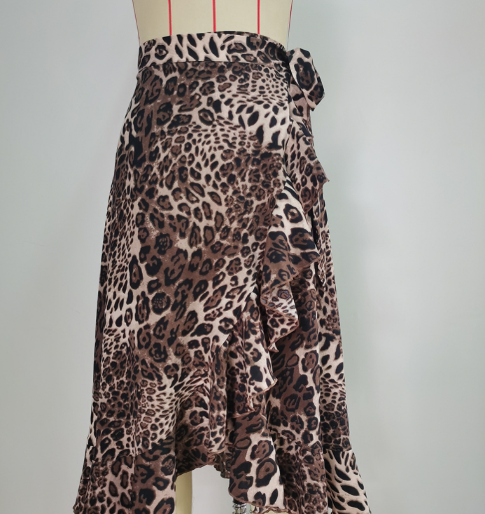 Irregular Leopard Print Lace-up Sexy Skirt with Ruffles