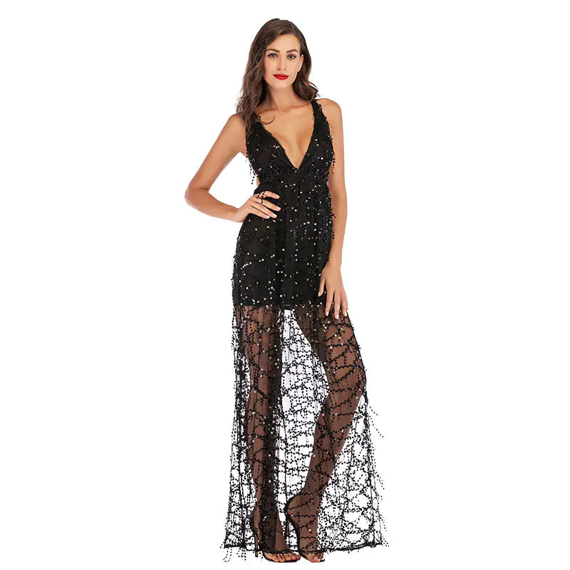 Sequin Strap Deep V-Neck Maxi Dress