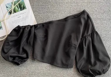 Oblique Collar Off-Shoulder Puff Sleeve Crop Top