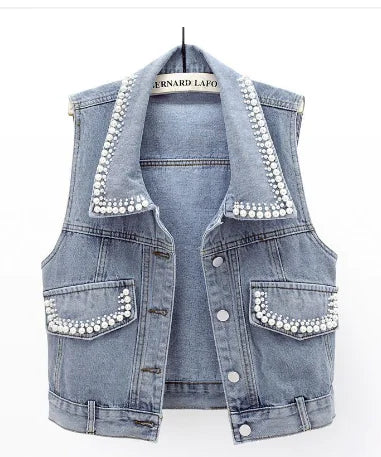 Stylish Denim Gilet with Pearl Beading Detail
