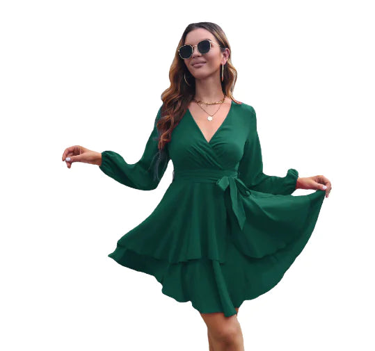 Ruffle Hem Pleated Long-Sleeve Dress