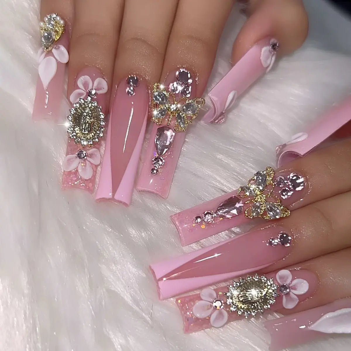 3D Pink French Nail Art with Gold Butterfly Design