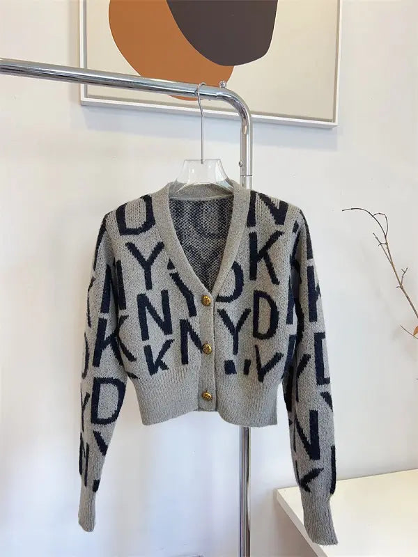 Letter Pattern Knit Cardigan Long Sleeve Crop