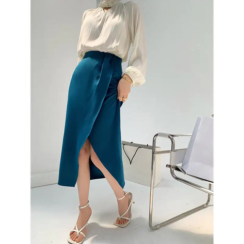 Irregular Slit Satin Skirt