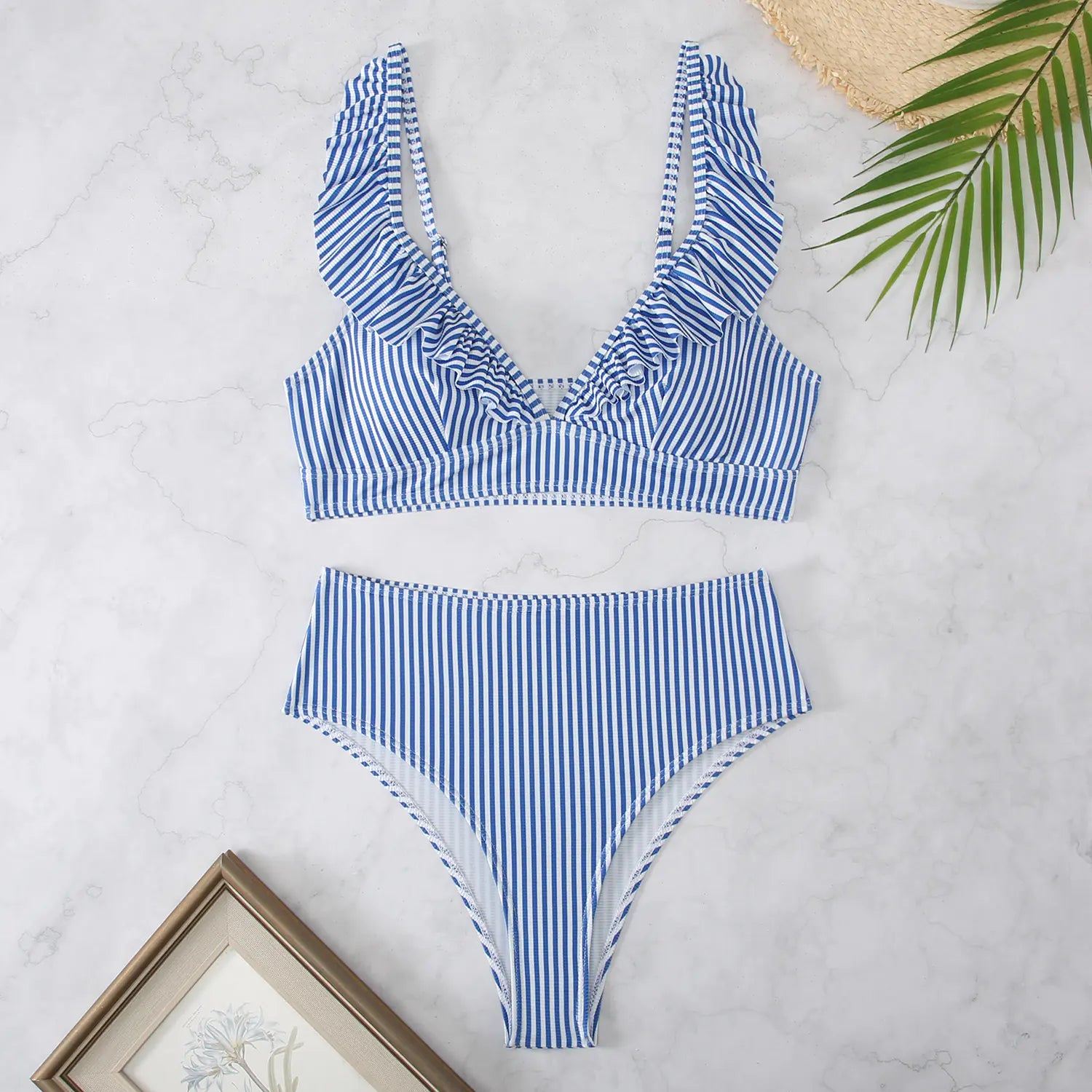 High-Waisted Striped Bikini with Ruffle Straps