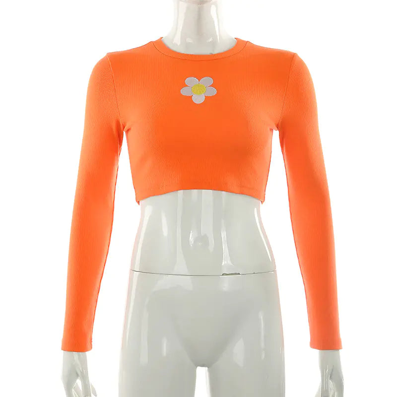 Petal Print Long Sleeve Crop Top