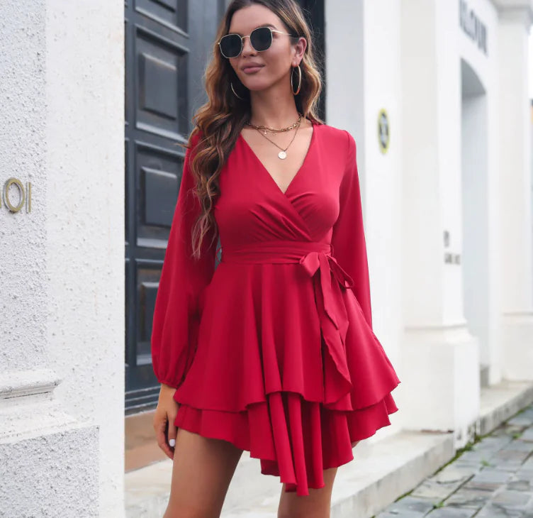Ruffle Hem Pleated Long-Sleeve Dress