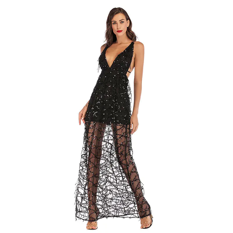 Sequin Strap Deep V-Neck Maxi Dress