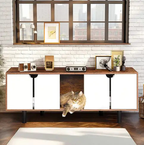 Double Cat Litter Box Enclosure - White Vintage TV Stand Cabinet