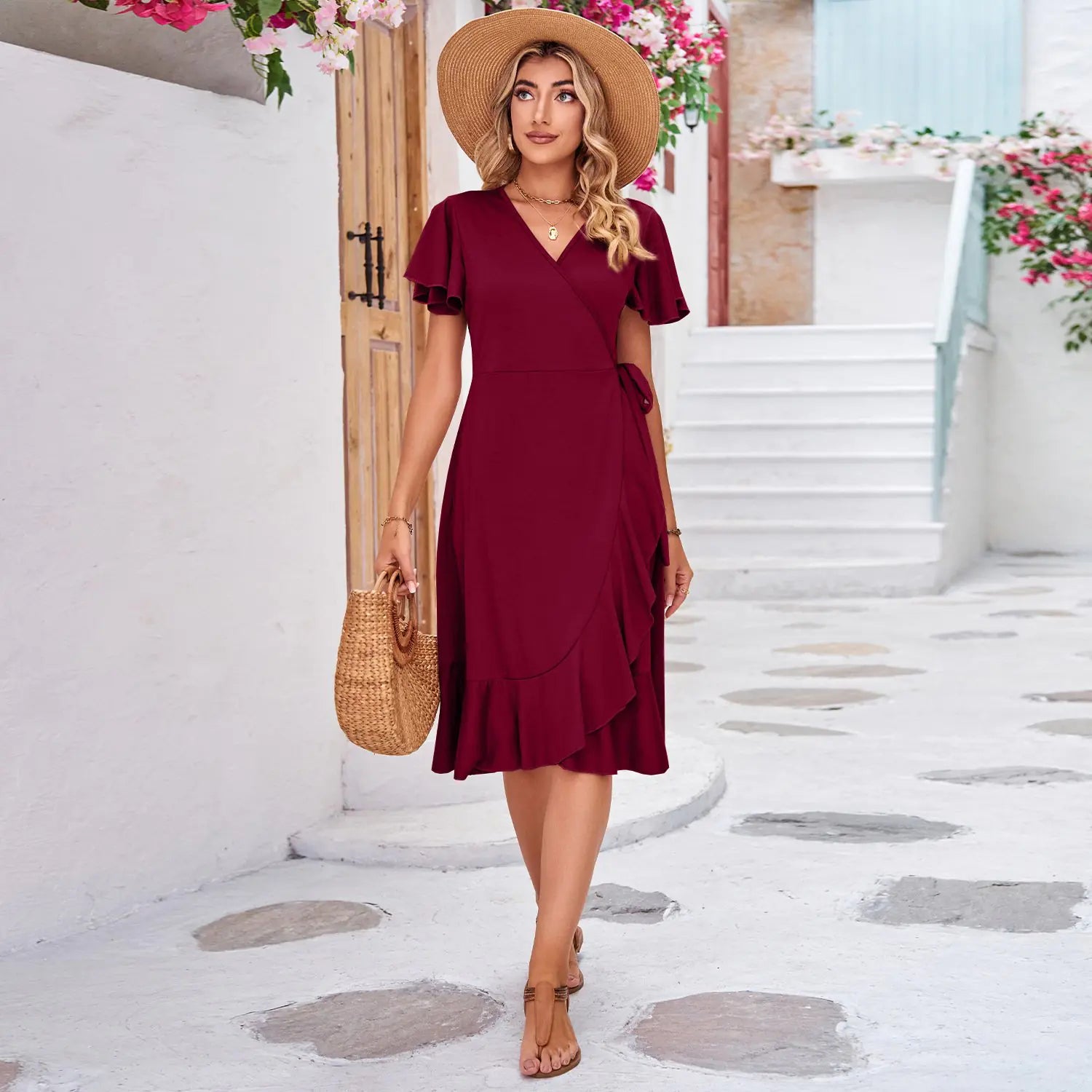 Cross V-Neck Lace-Up Dress