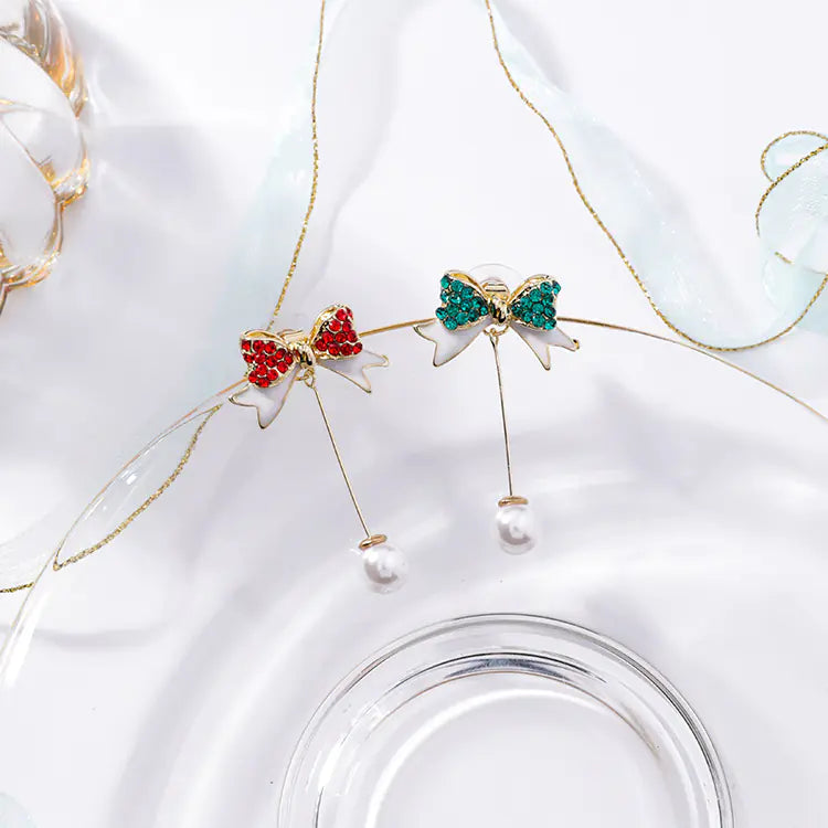 925 Silver Christmas Bow Pearl Earrings
