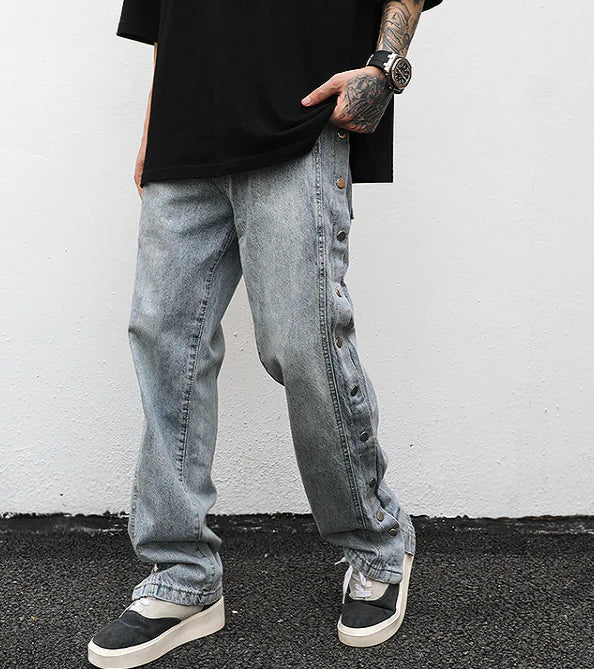 Vintage Washed Side-Button Straight-Leg Loose Denim Pants
