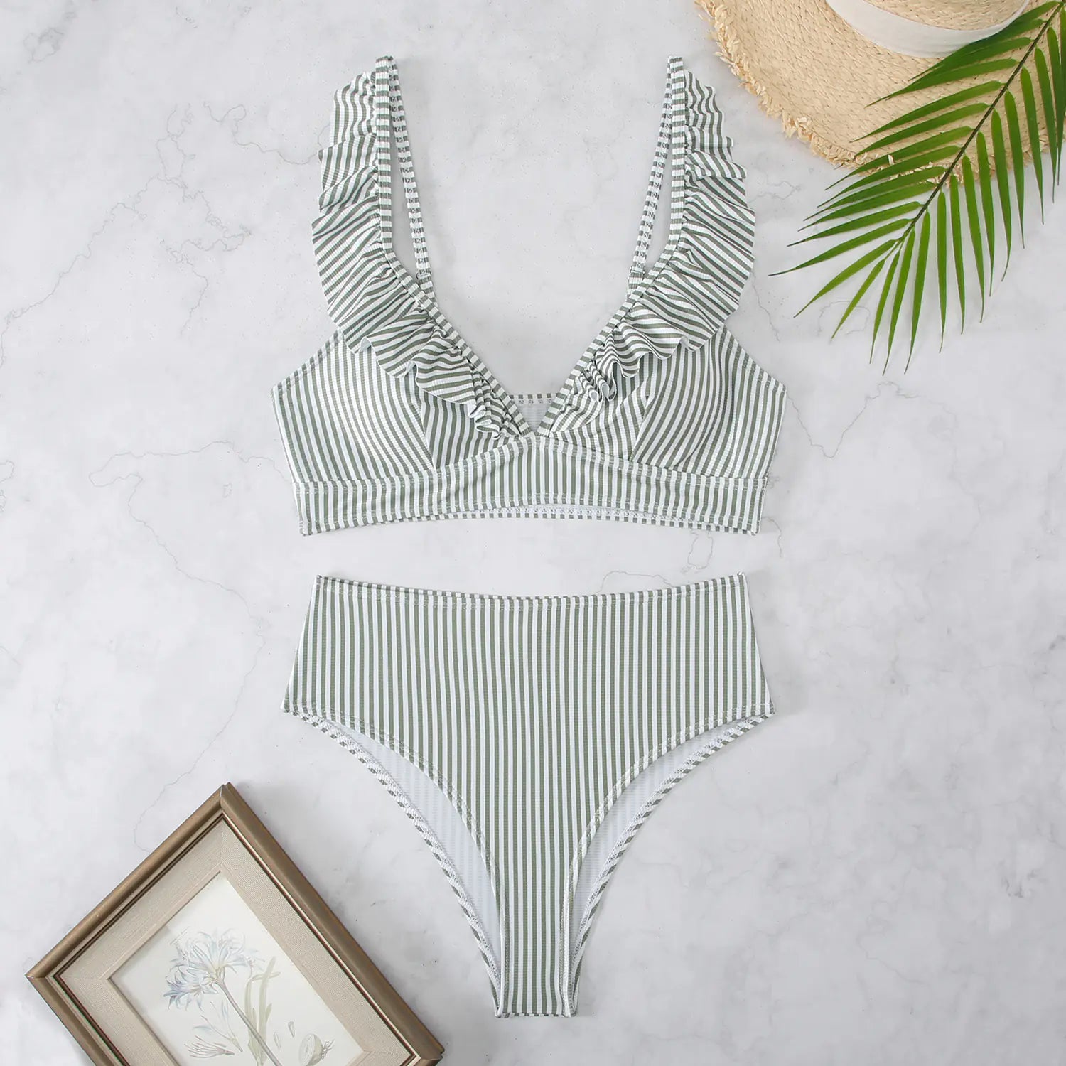 High-Waisted Striped Bikini with Ruffle Straps