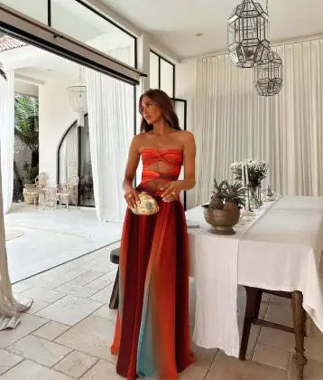 Elegant Satin Gradient Backless Lace-Up Maxi Dress