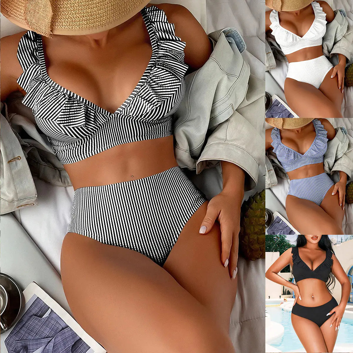 High-Waisted Striped Bikini with Ruffle Straps