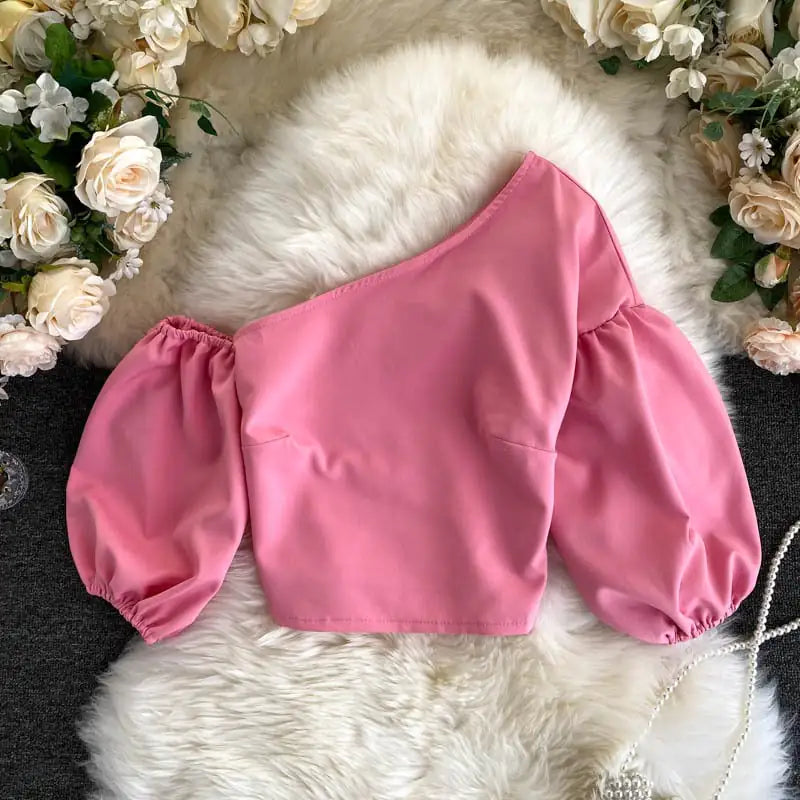 Oblique Collar Off-Shoulder Puff Sleeve Crop Top