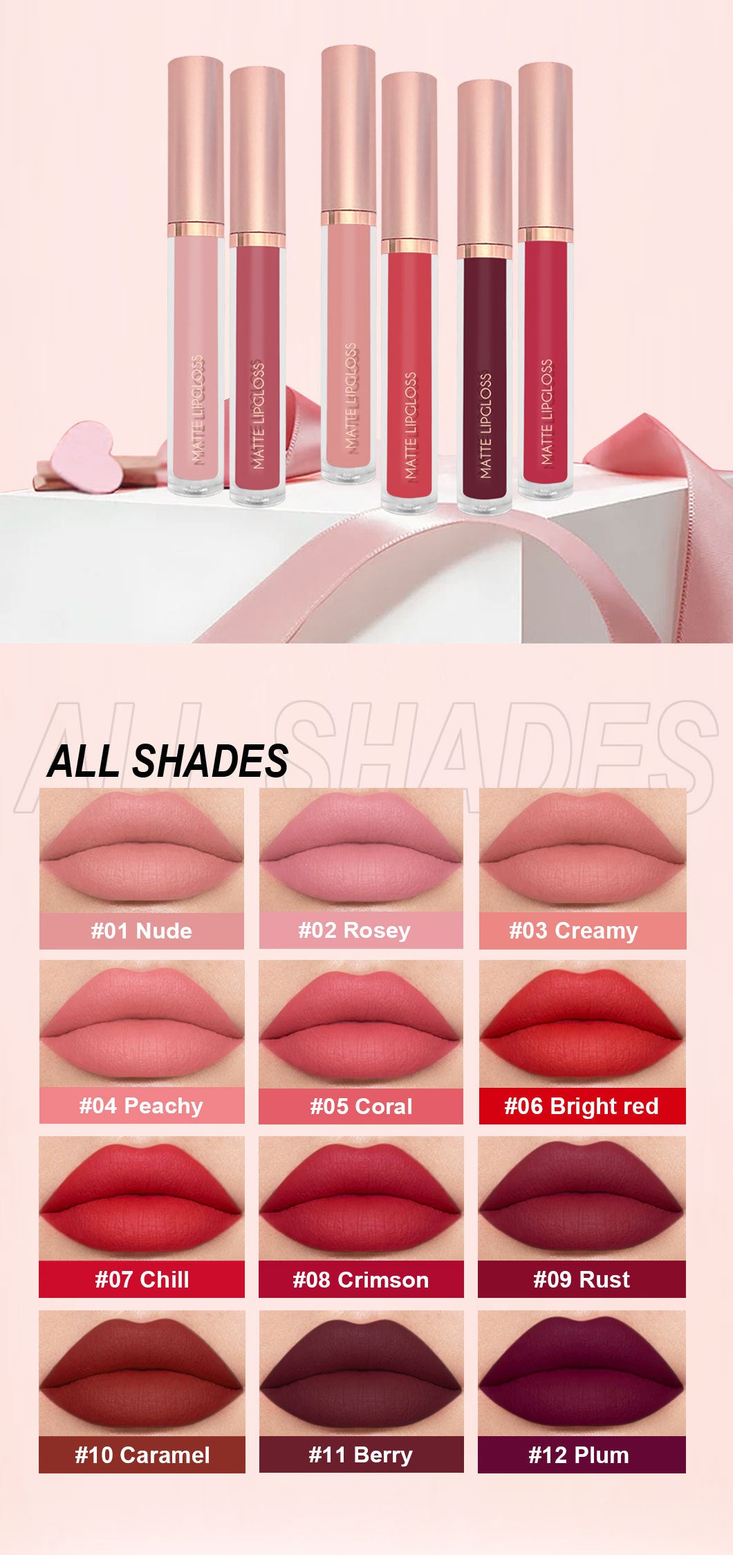 12-Color Matte Lip Gloss in Nude Shades