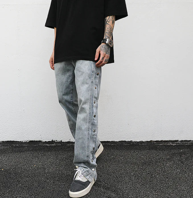 Vintage Washed Side-Button Straight-Leg Loose Denim Pants