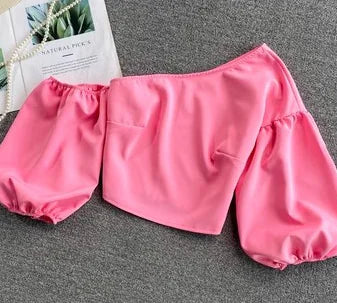 Oblique Collar Off-Shoulder Puff Sleeve Crop Top