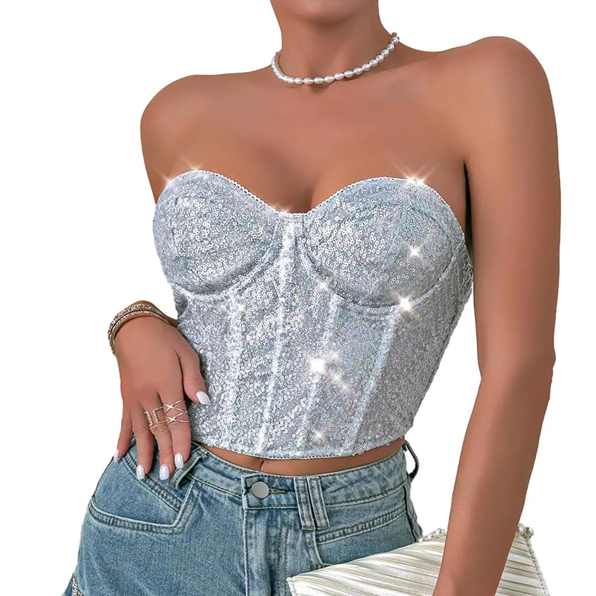 Sobriety Women's Glitter Sequin Bustier Corset Top