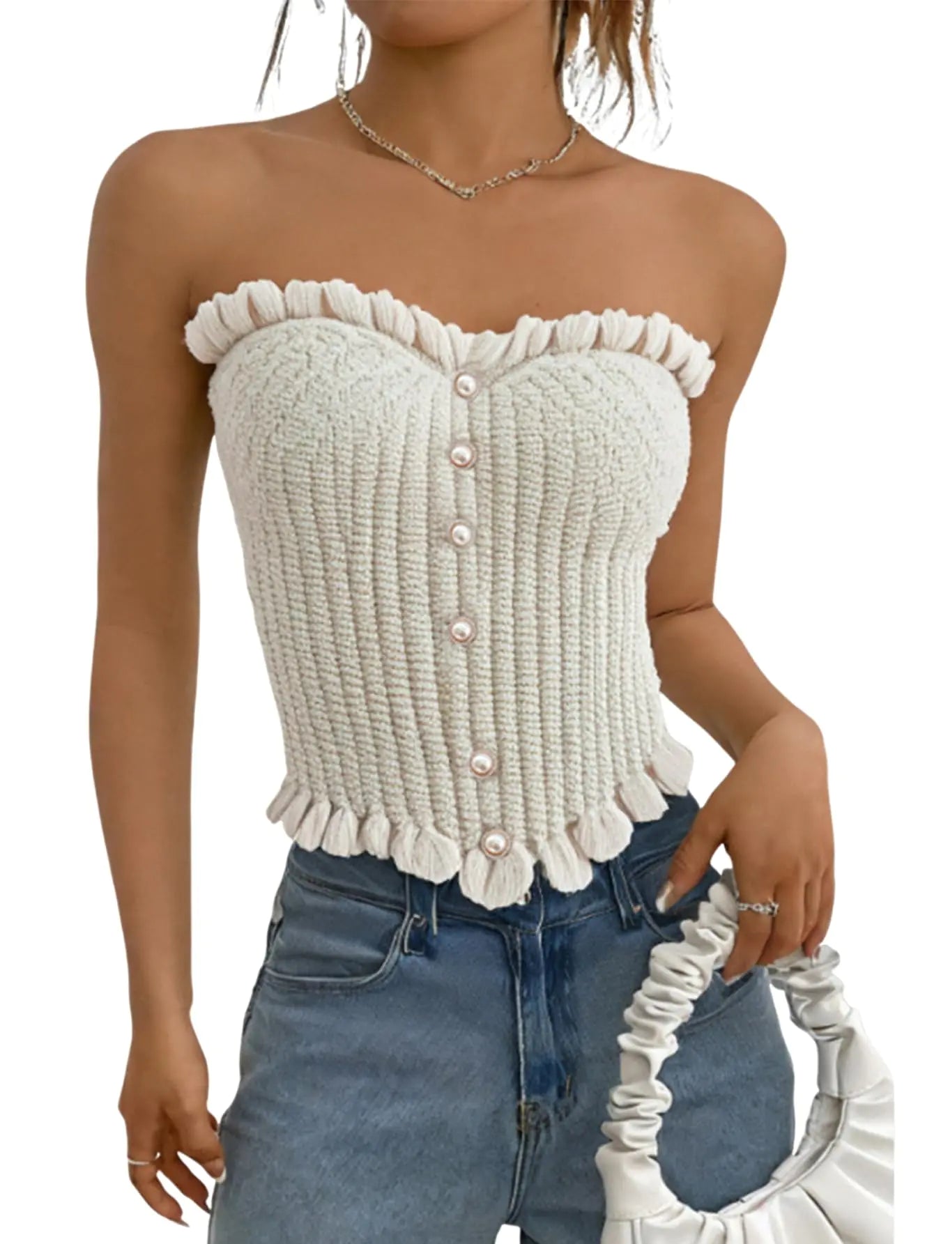 Strapless Backless Ruffle Trim Crop Top