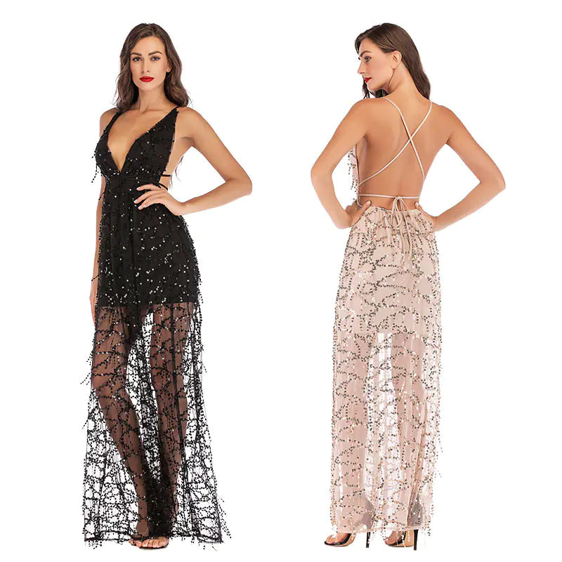 Sequin Strap Deep V-Neck Maxi Dress